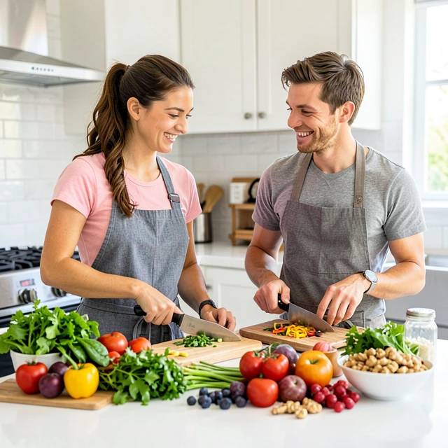 Couple preparing nutritious meal as part of lifestyle changes for better fertility
