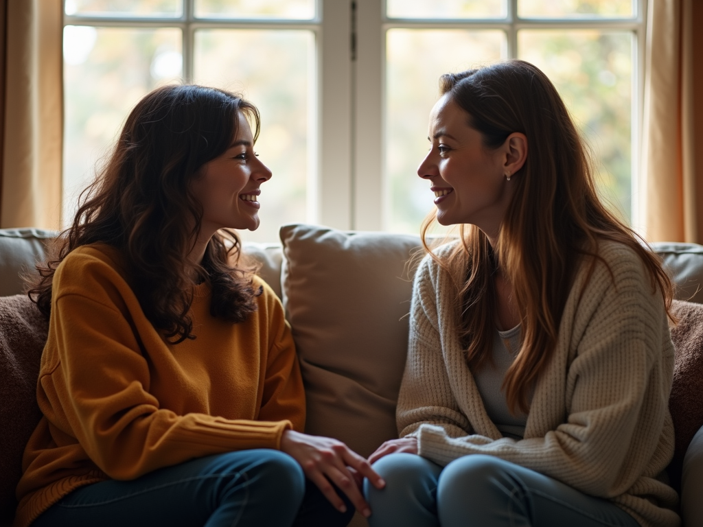 Two women on a couch, one resting a supportive hand on the other’s shoulder.