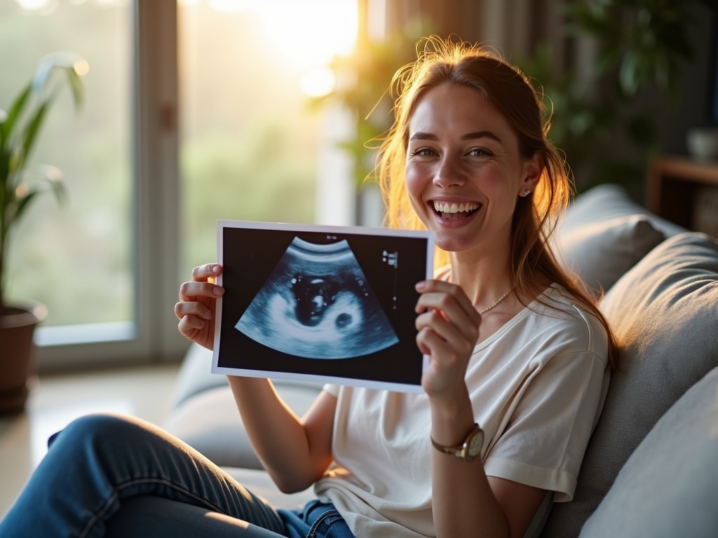 A woman sitting on a couch, holding a glowing ultrasound image of a child.