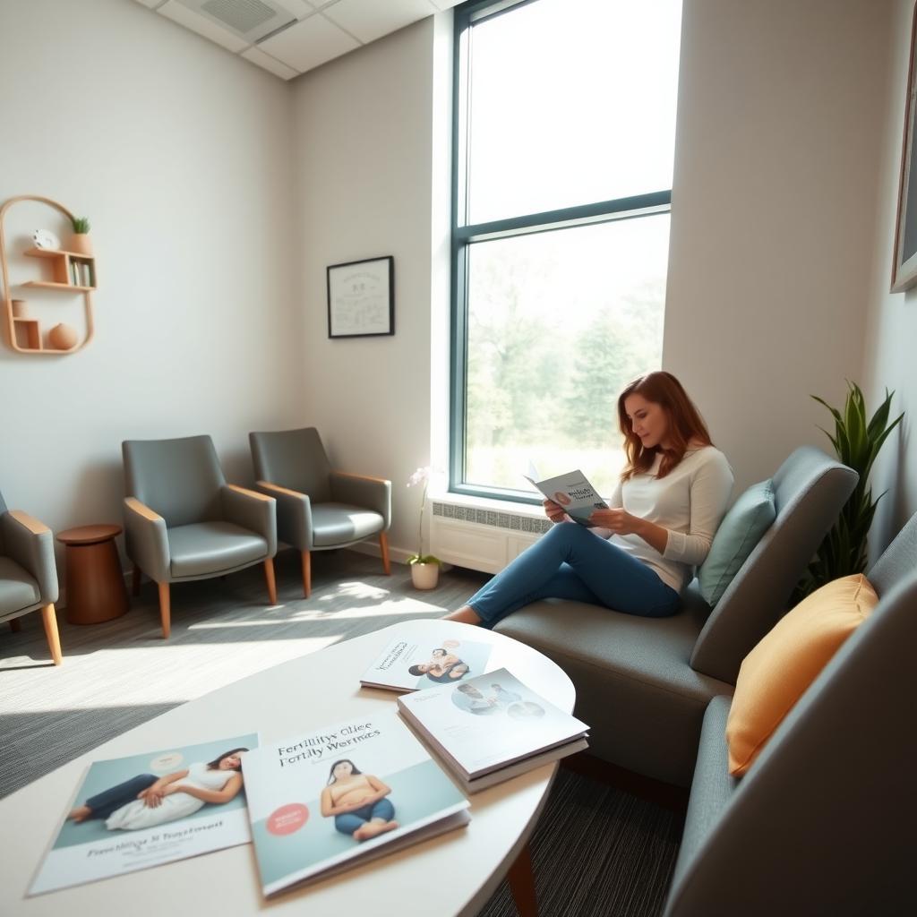 Couple in a modern fertility clinic waiting room reading treatment brochures.