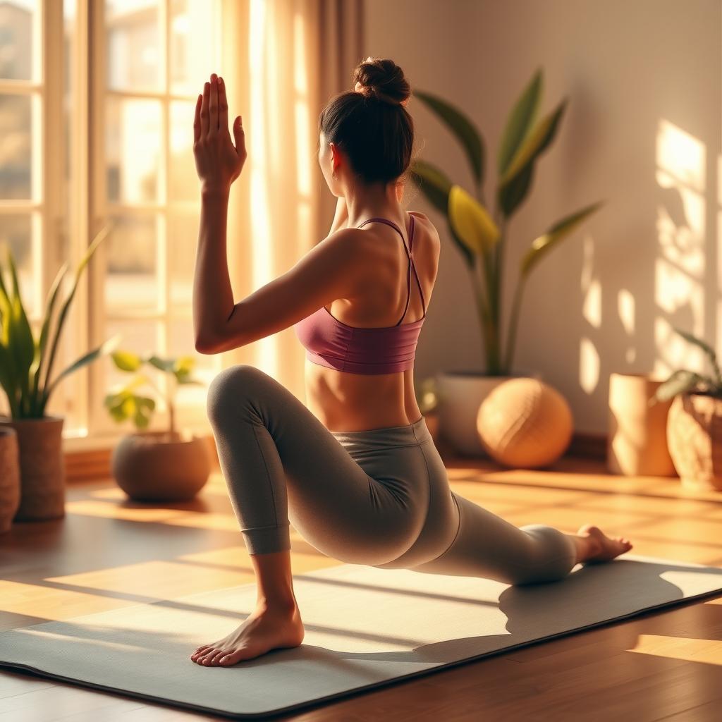 A woman practicing yoga in a serene, sunlit room.