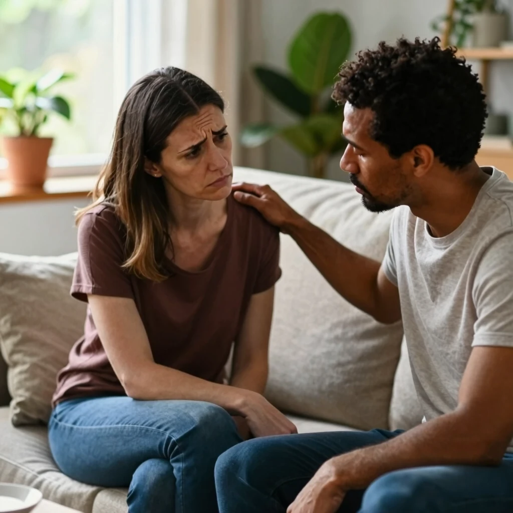 Couple offering mutual support at home amid infertility challenges