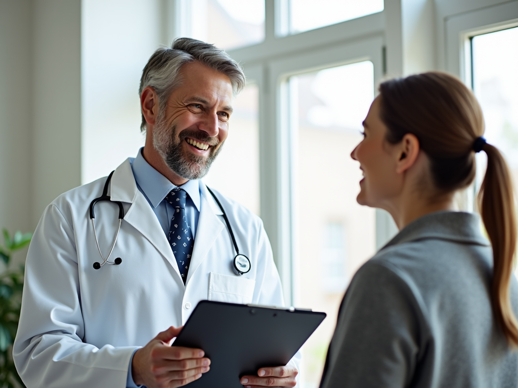 A doctor and patient chatting in a bright office.