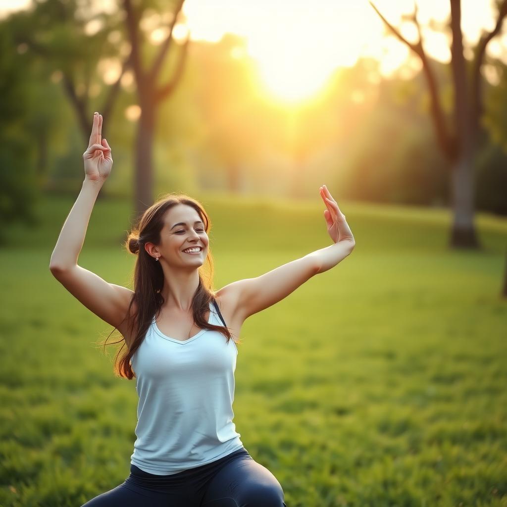 Couple doing yoga in a park at sunrise