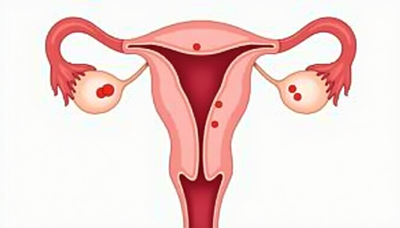 Diagram showing endometriosis affecting the reproductive organs.