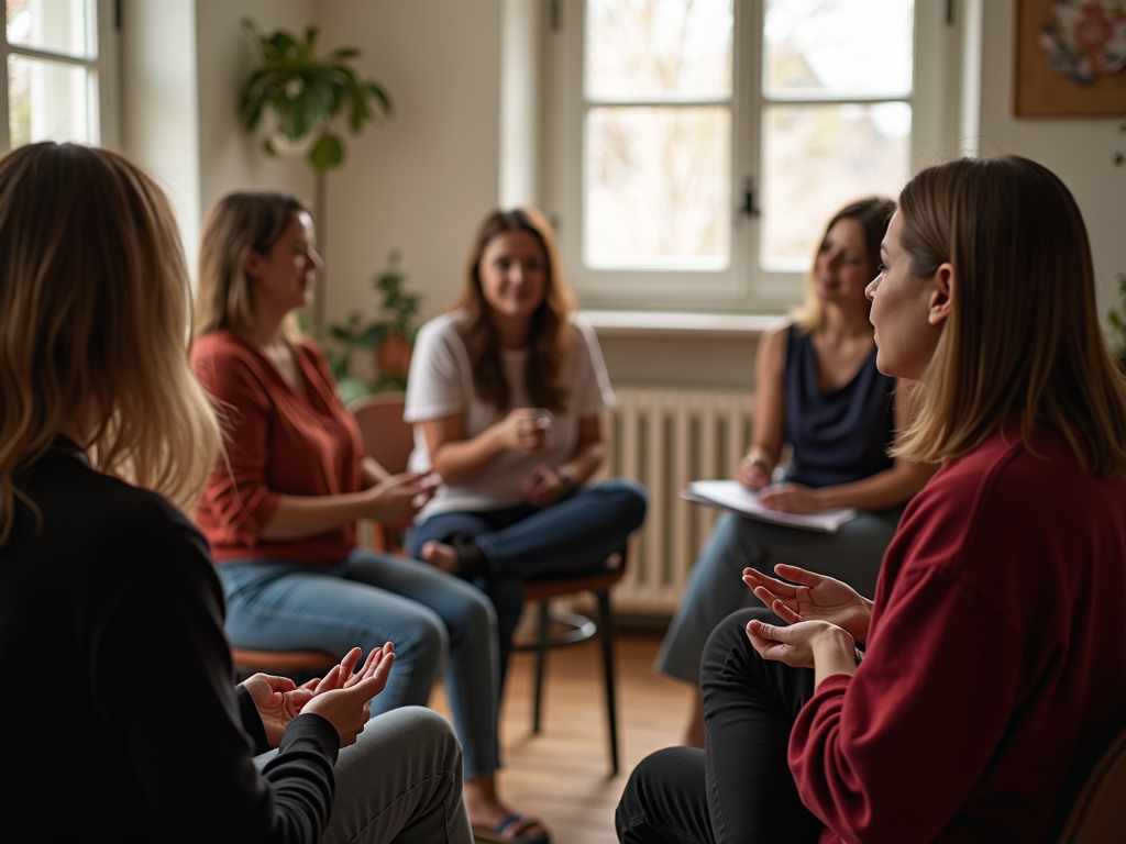 A fertility support group meeting, offering emotional support to individuals and couples.