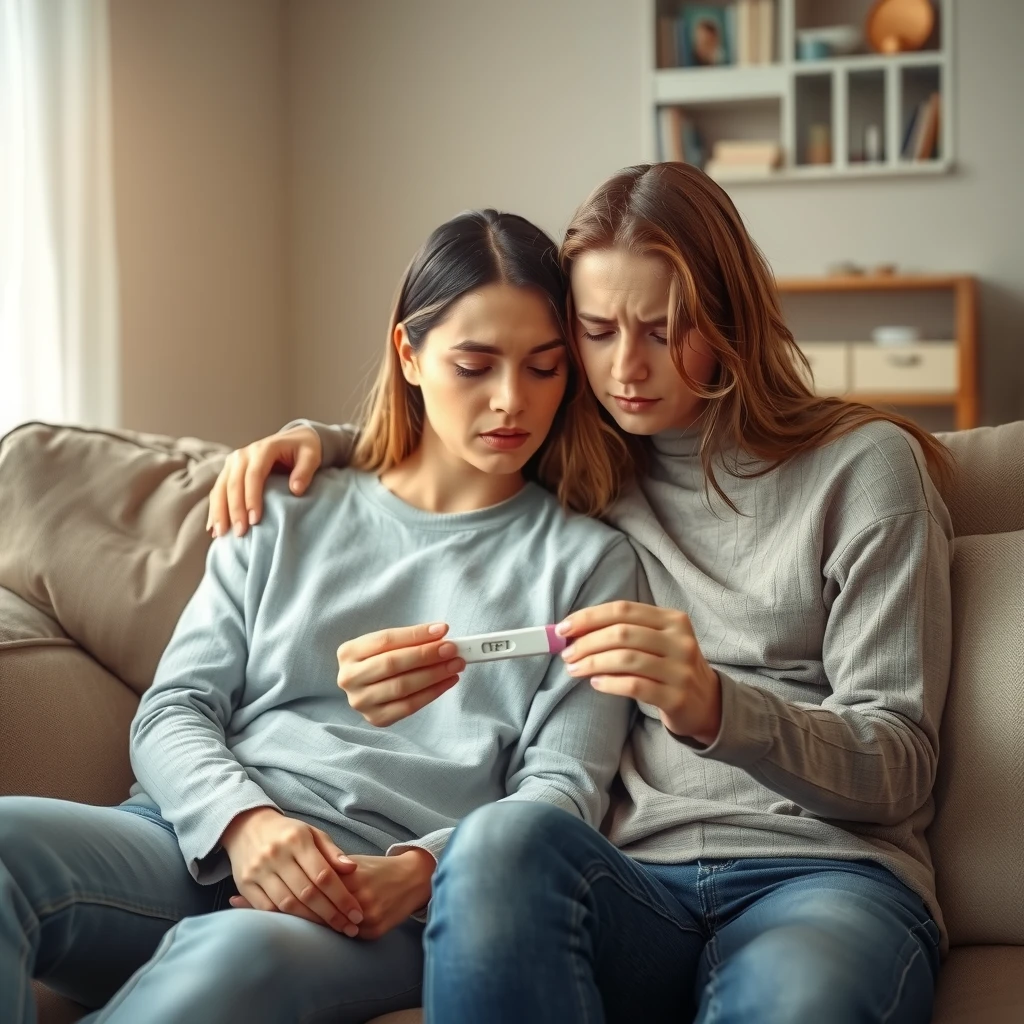 A couple looking disappointed at a negative pregnancy test