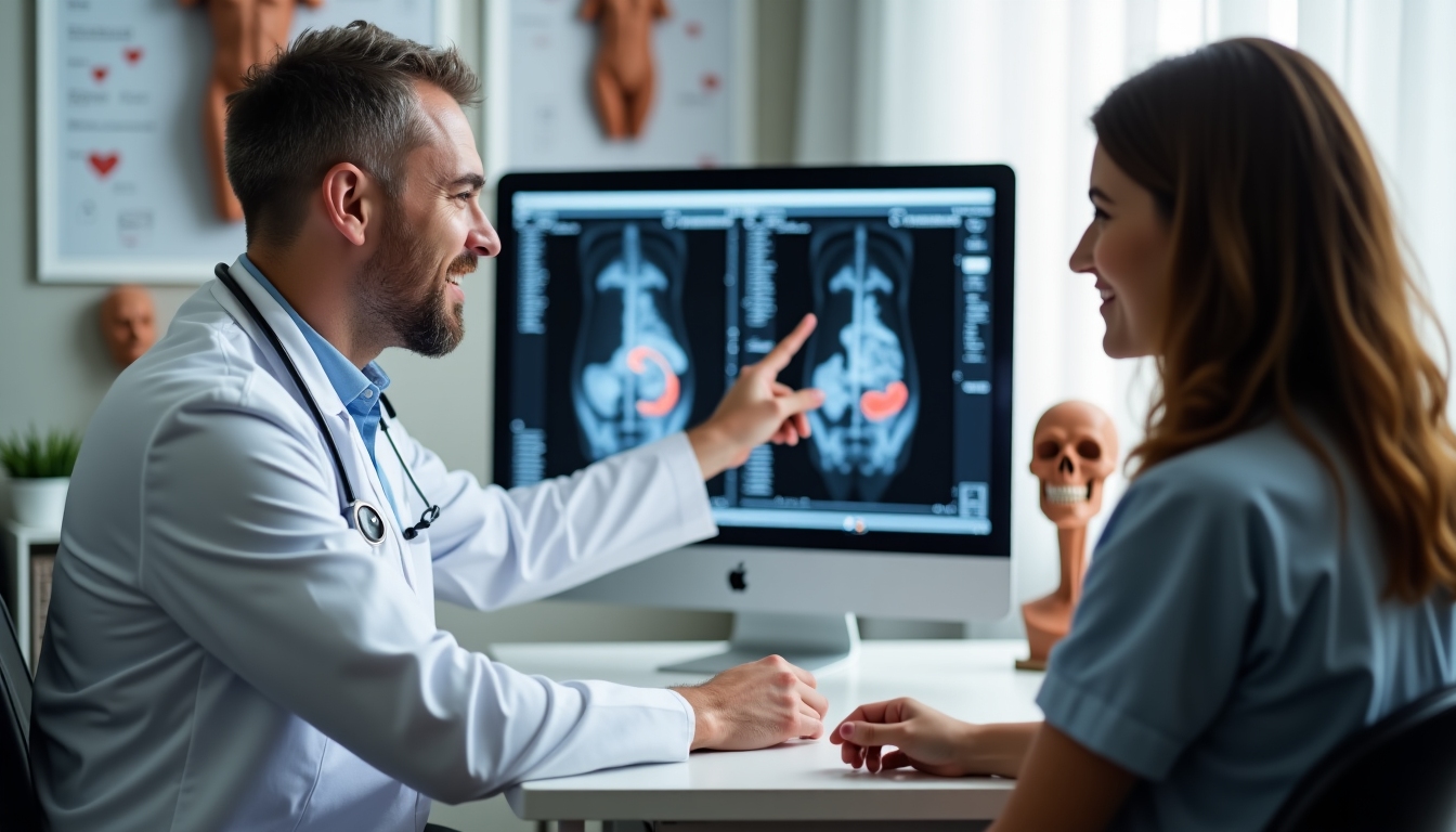 Doctor explaining ultrasound images to a patient, showing a collaborative and informative session.