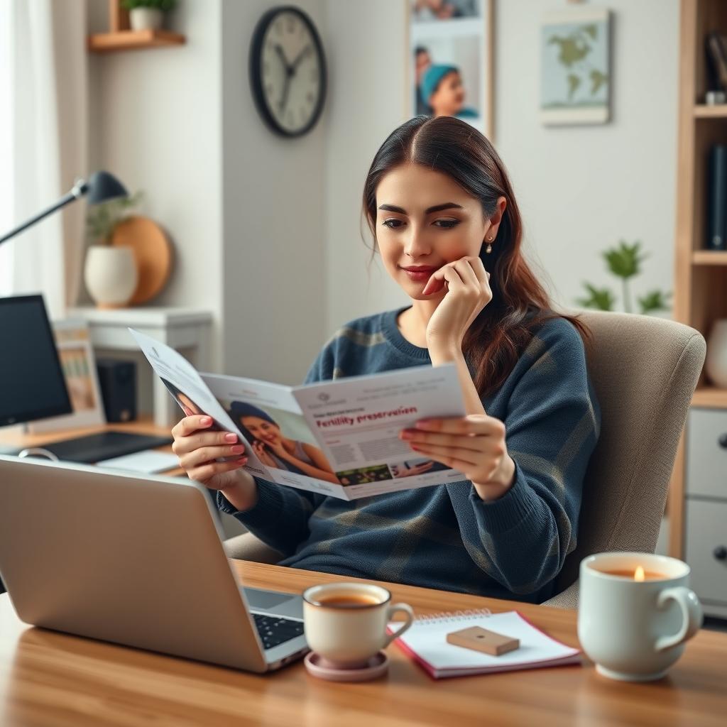Woman reviewing fertility preservation information at home