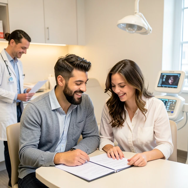 Same-sex couples consulting with a fertility specialist about donation and IVF options