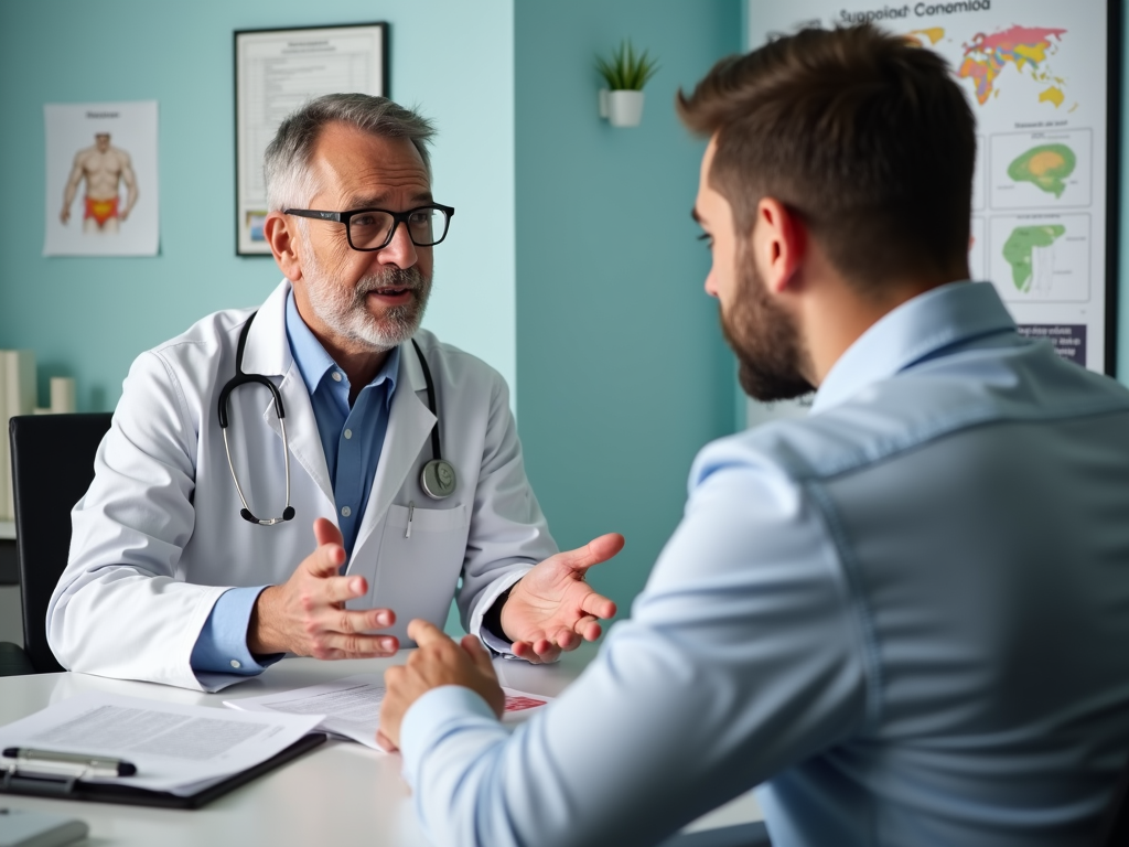A doctor discussing ejaculatory dysfunction with a patient in a medical office.