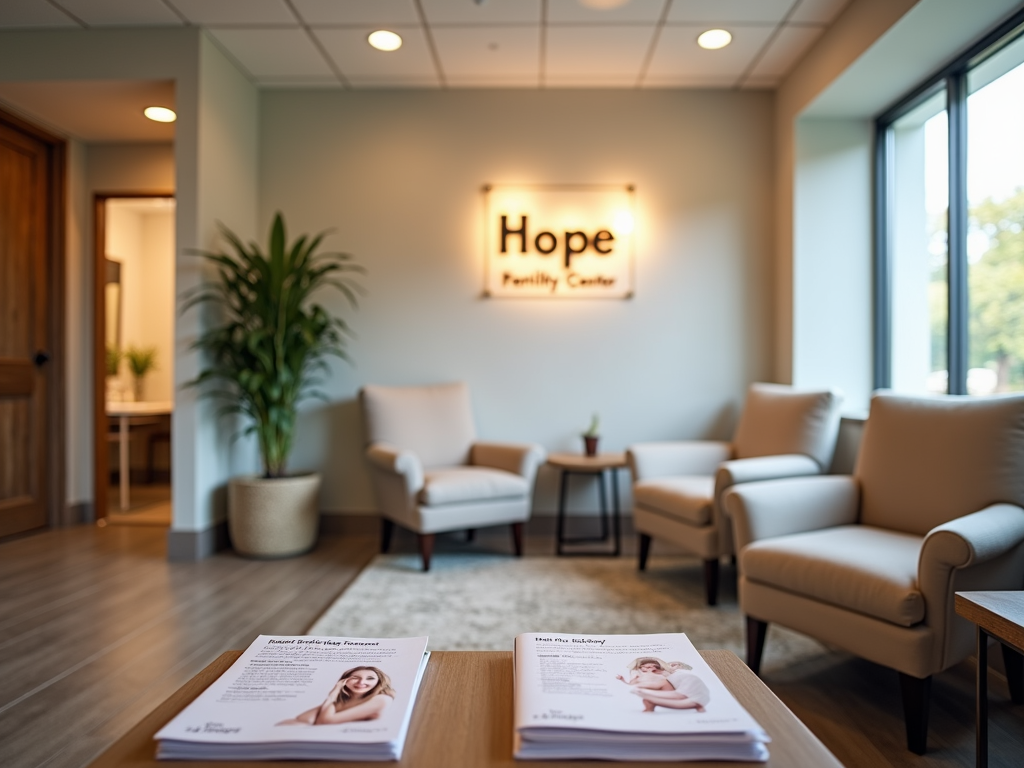 A cozy fertility clinic waiting room with brochures on a table.
