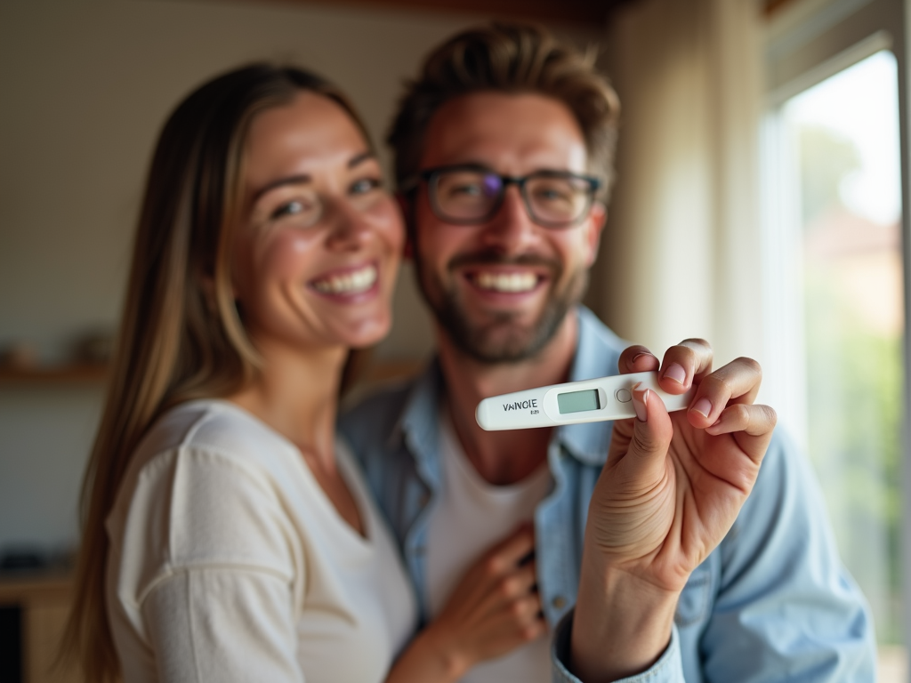 Couple happily showing a positive pregnancy test after overcoming infertility.