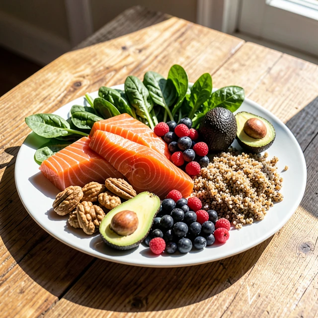 Plate of healthy foods that support fertility