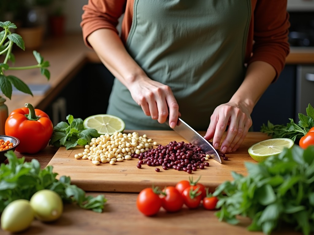 A woman preparing a healthy meal with legumes on a wooden table.
