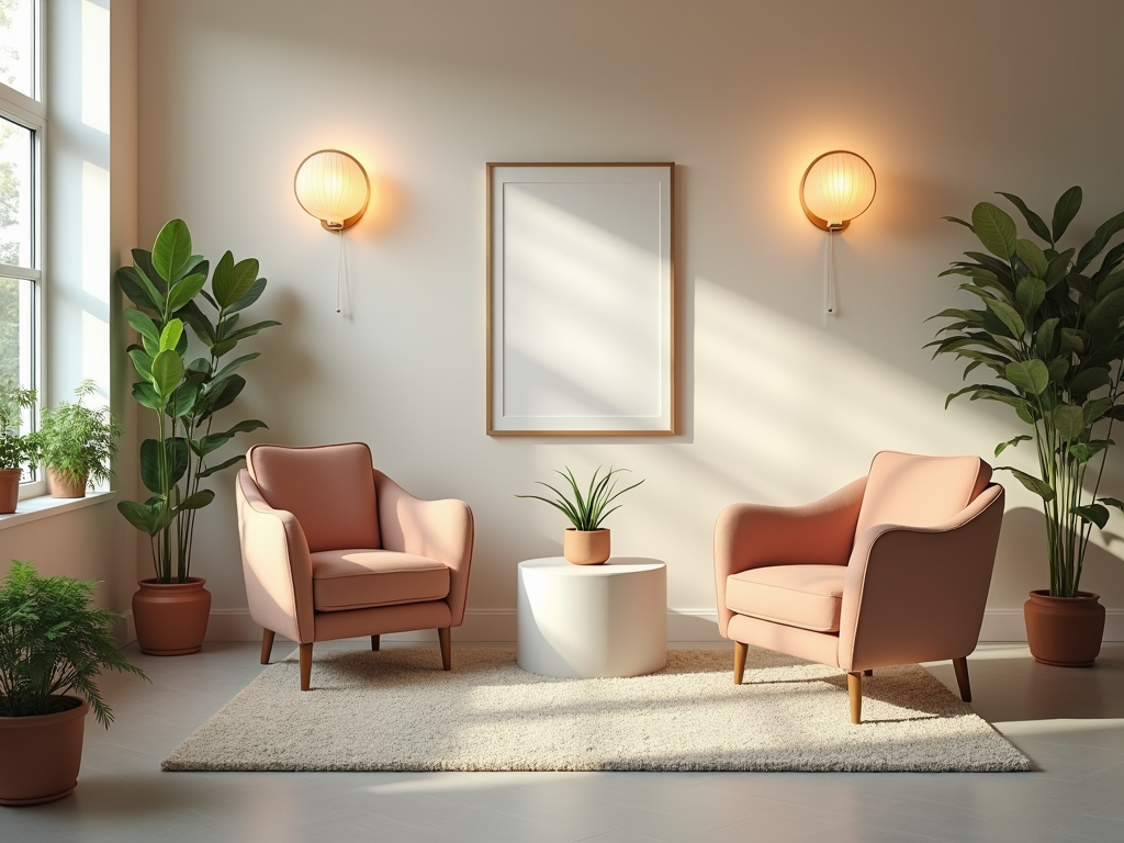 Cozy fertility clinic waiting room designed to ease patient nerves.
