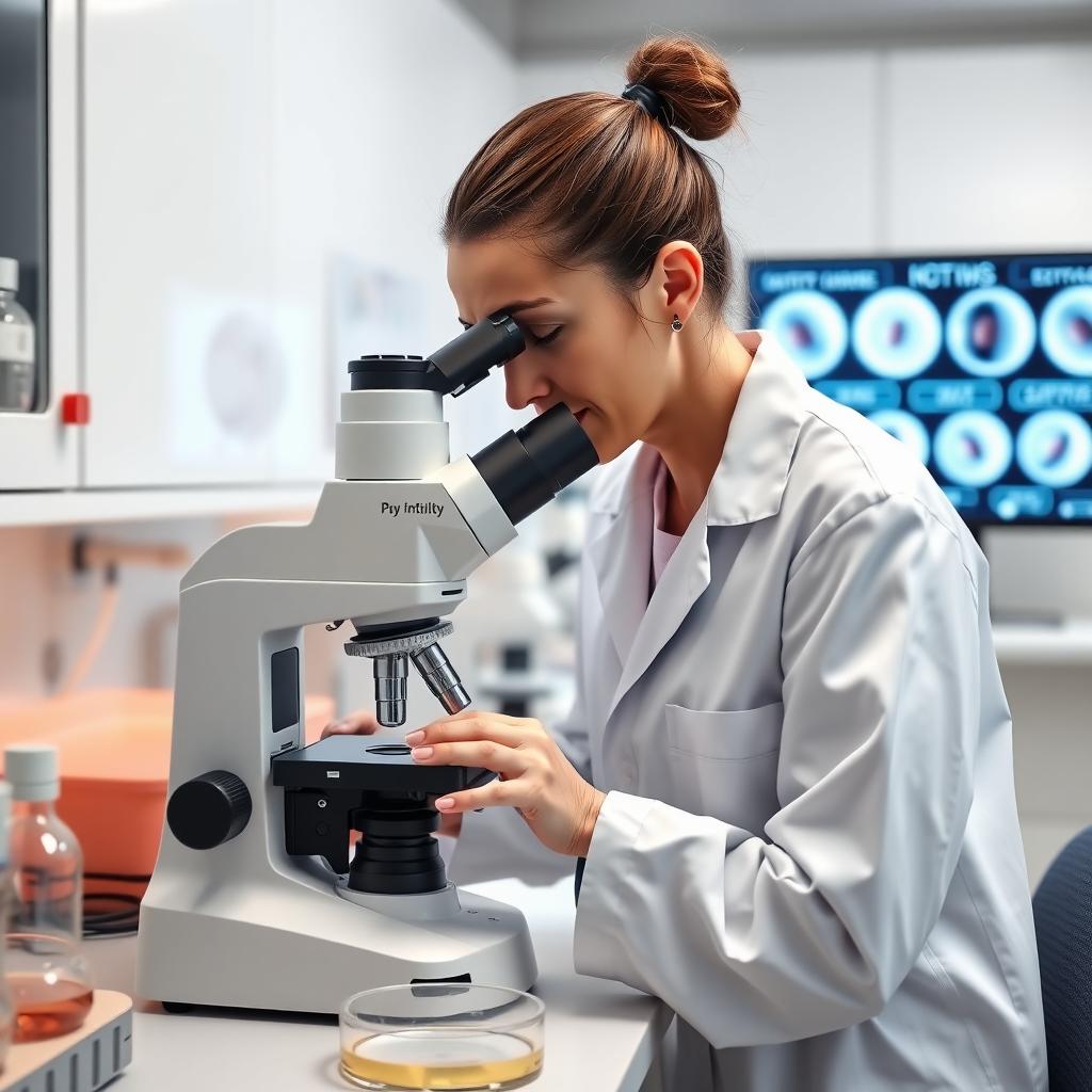 Laboratory technician in a fertility clinic lab examining embryos