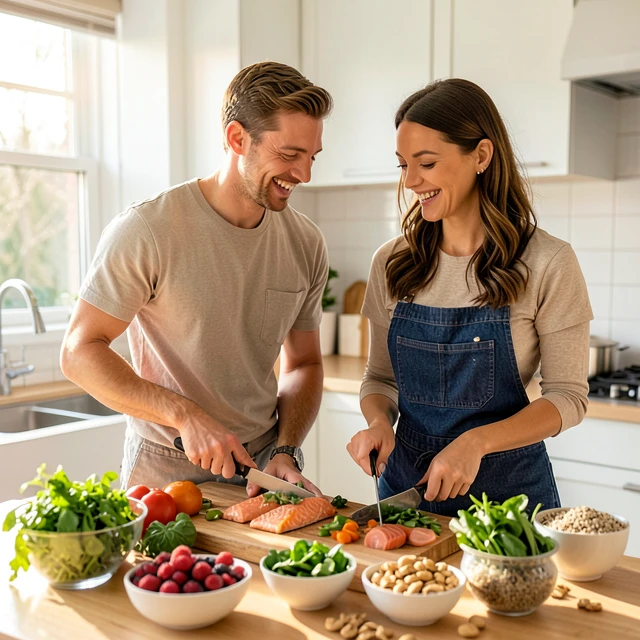 Couple preparing a nutritious fertility-supporting meal in the kitchen