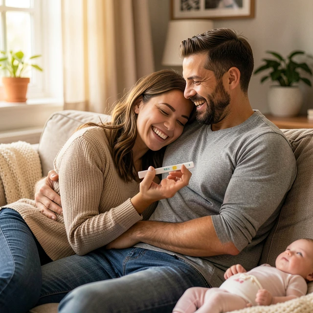 Couple celebrating positive pregnancy test after PCOS fertility treatments