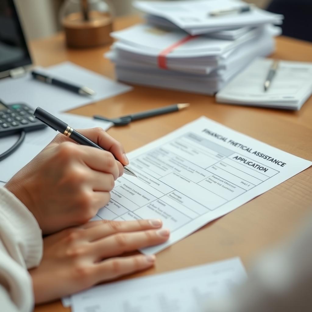 Hands filling out a fertility treatment financial assistance form on a desk