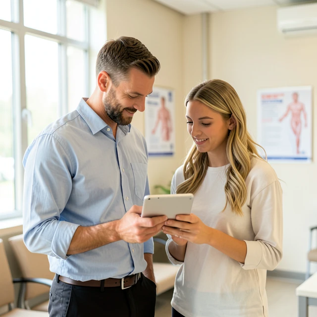 Couple reviewing male infertility treatment options together at a clinic