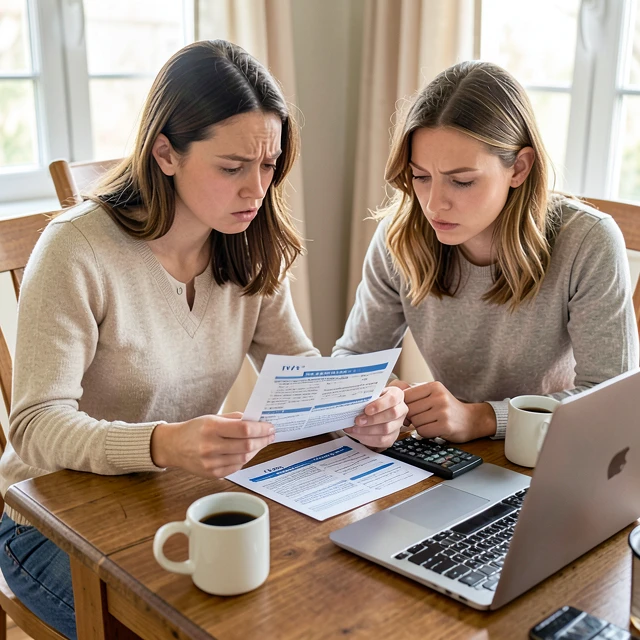 Couple reviewing IVF cost documents and planning finances