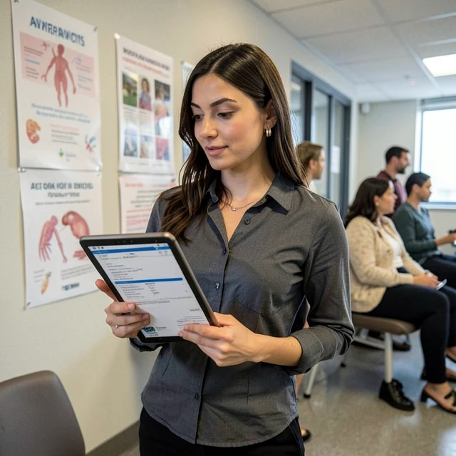 Woman reviewing fertility insurance options in a clinic