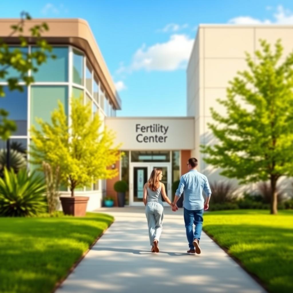 Couple approaching a modern fertility clinic surrounded by greenery