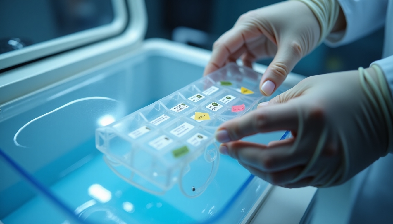 Lab technician placing sample in cryopreservation tank