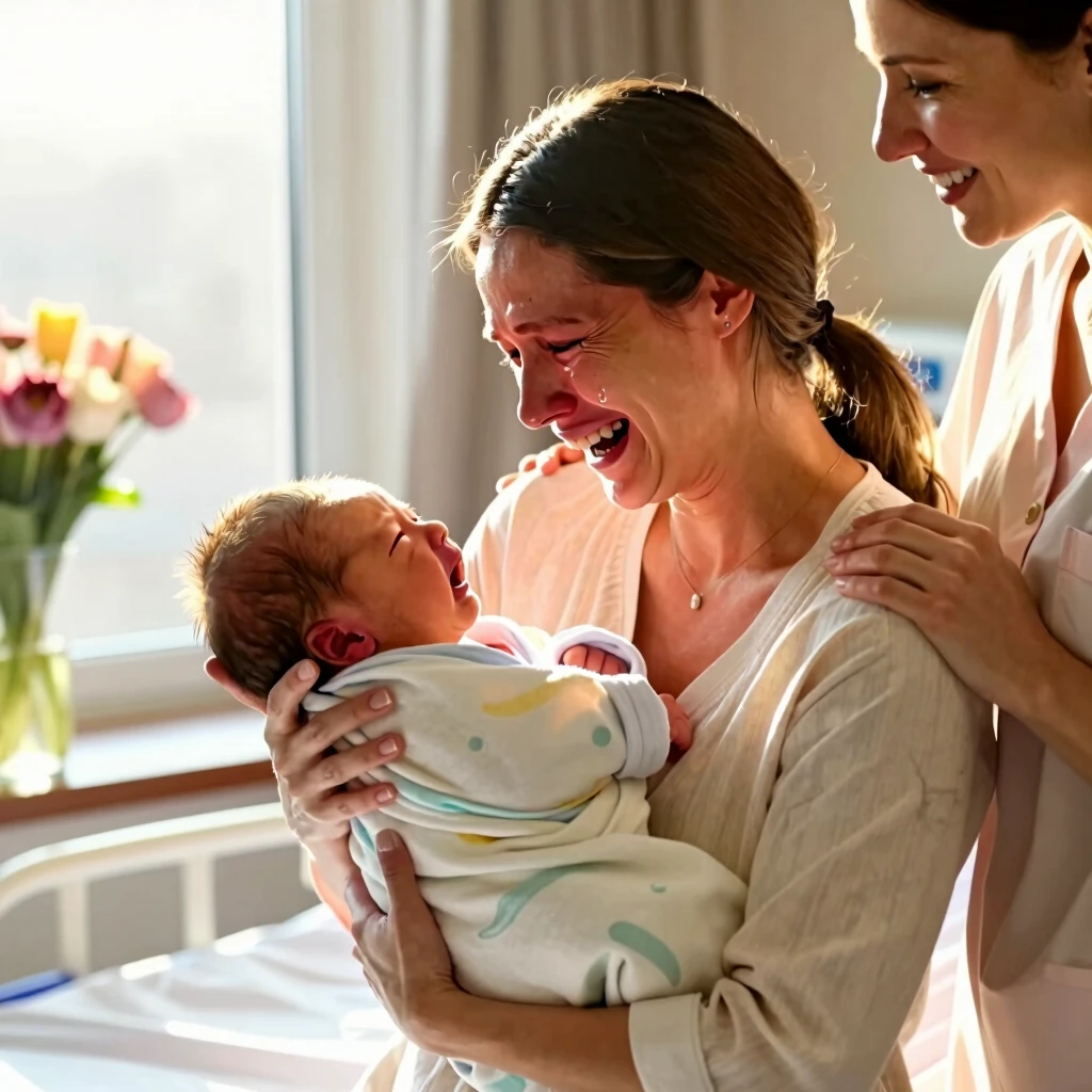 A new mother joyfully holding her baby after a successful fertility preservation and IVF journey
