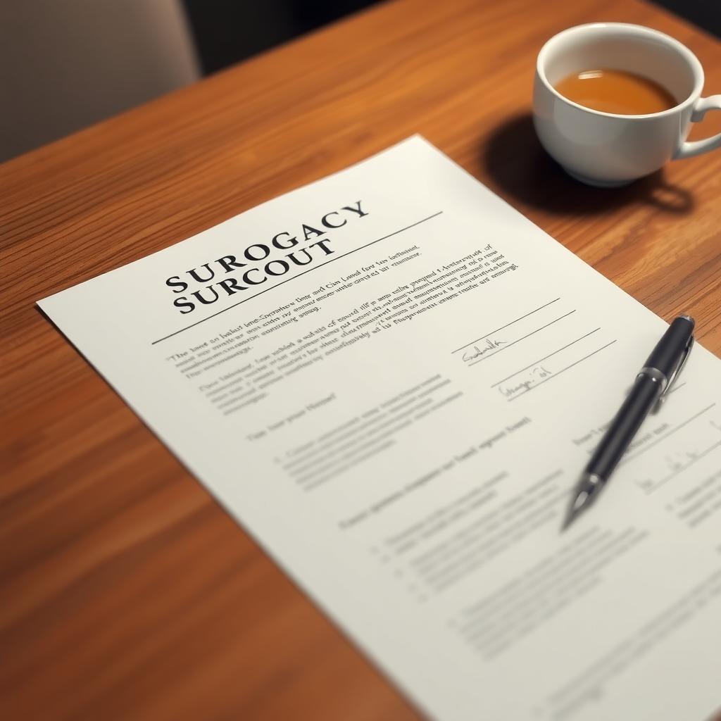 Close-up of a surrogacy contract on a wooden table with a pen and coffee cup