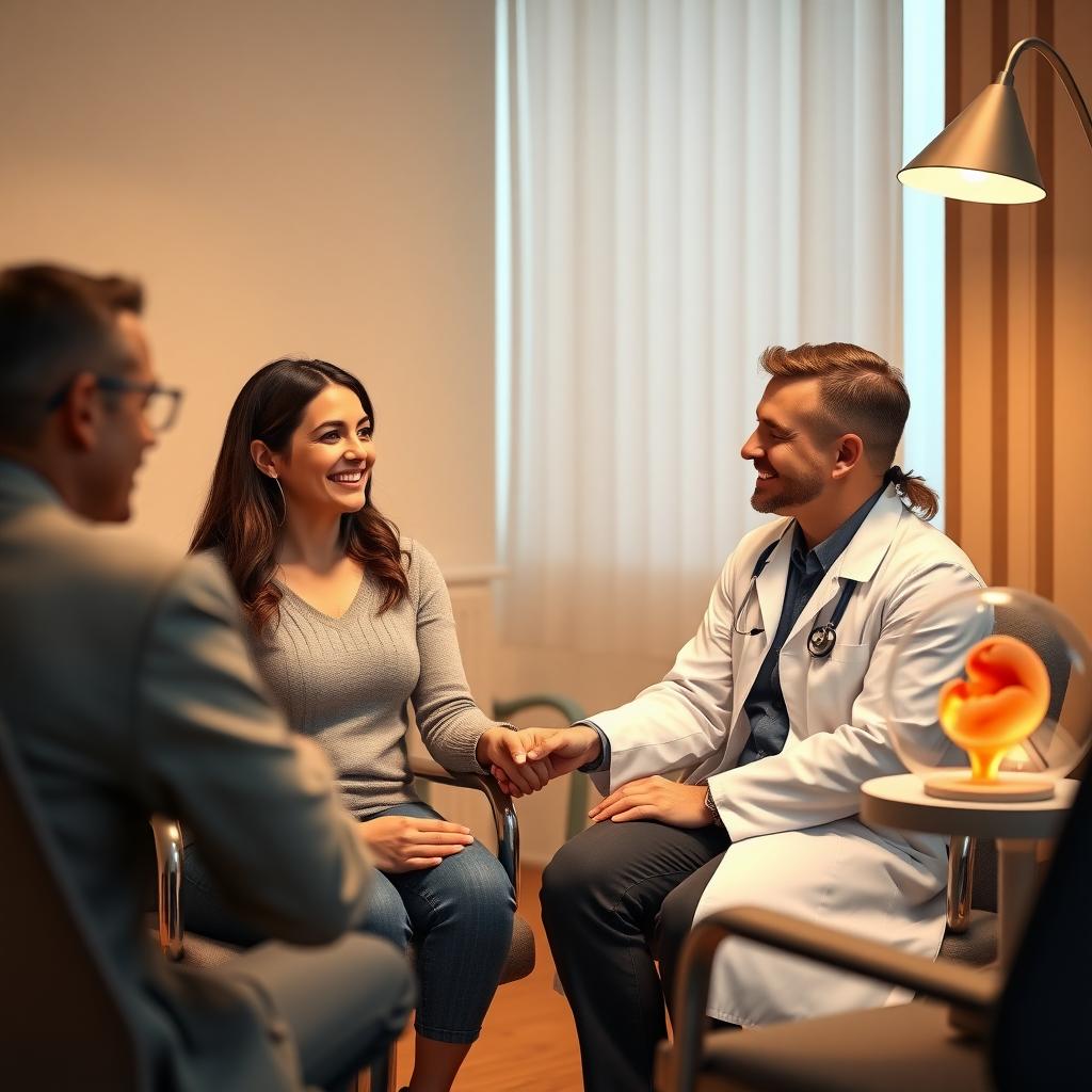 Couple discussing embryo cryopreservation with a fertility doctor in a clinic.