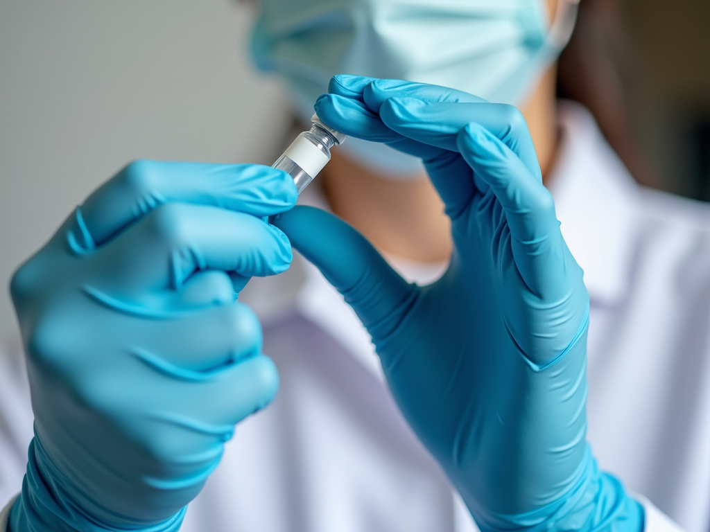 A lab technician in a white coat, holding a vial with care in a fertility preservation clinic.
