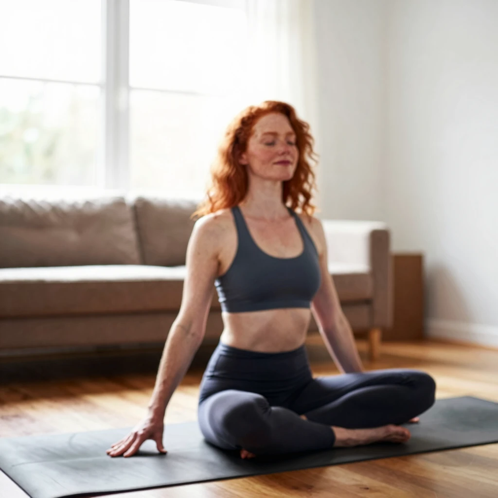 Woman practicing yoga at home to manage stress during fertility treatment