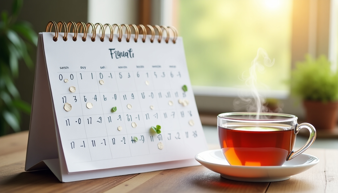 A calendar marked with fertility notes and a cup of tea beside it.