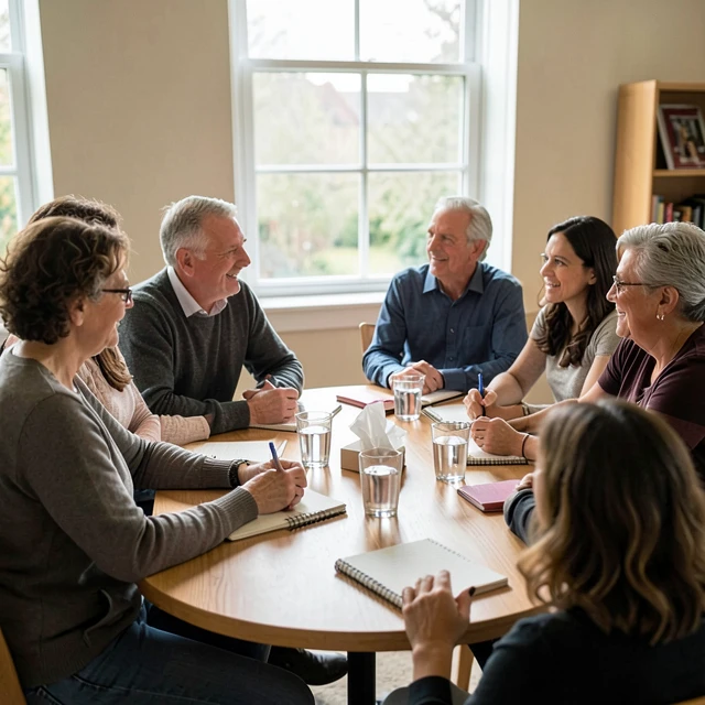 Diverse participants actively engaging in an infertility support group meeting