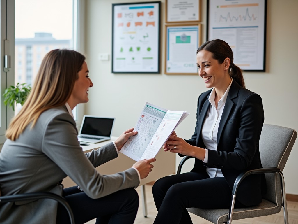 Prospective client and fertility specialist discussing options at a sperm bank, emphasizing personal interaction and information sharing.