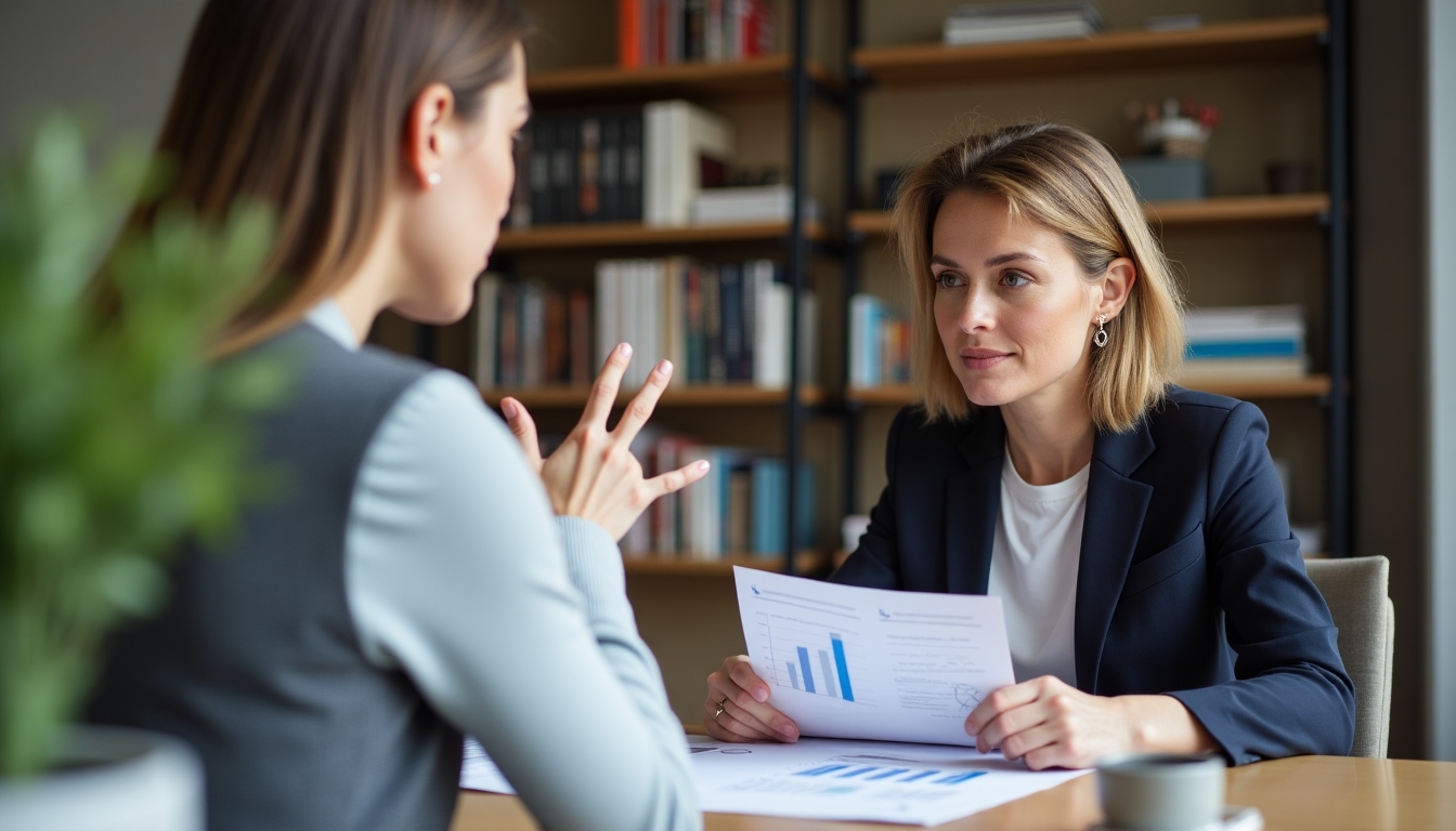A woman reviewing her insurance policy with a financial advisor.