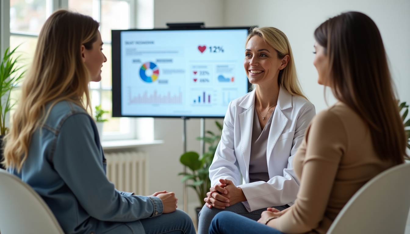 A couple consulting with a fertility doctor in a modern clinic setting.
