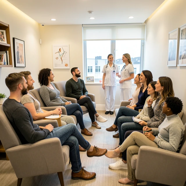 Couples waiting at a fertility clinic, showing a supportive environment
