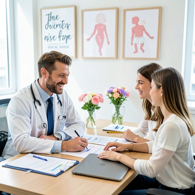 Couple attentively preparing and participating in their first fertility consultation with a supportive doctor