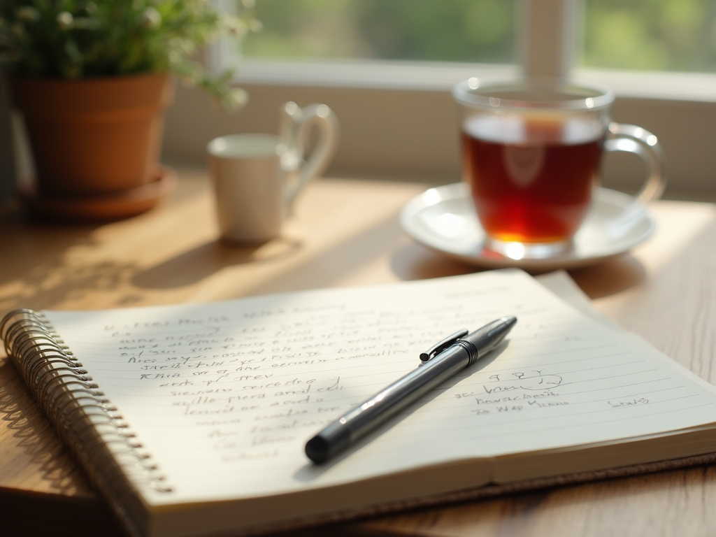 Journal and pen on a table with morning light, suggesting a moment of reflection