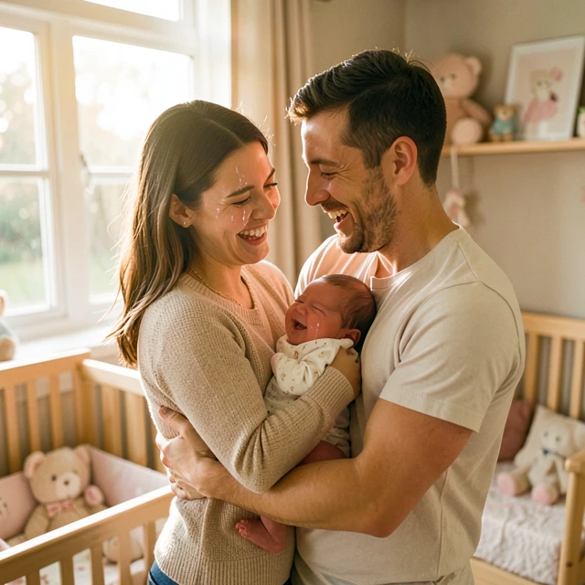 Happy couple embracing their newborn after a long infertility journey