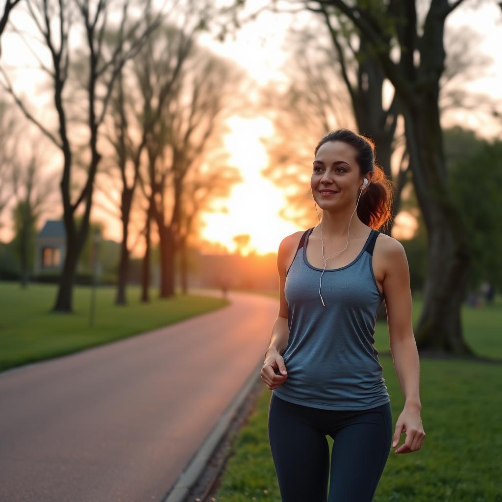 A woman walks in a park at sunrise, wearing workout clothes and smiling gently.