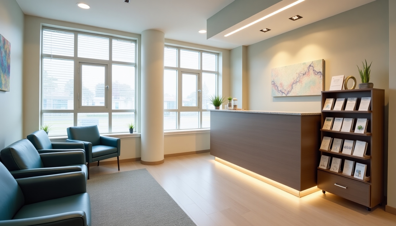 Close-up of a welcoming fertility clinic reception area with comfortable seating and informative brochures.