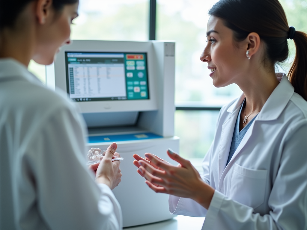 Egg freezing clinic with laboratory equipment and healthcare provider.