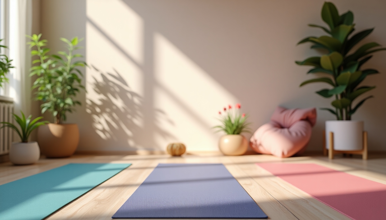 A cozy setup with yoga mats and serene lighting, representing a stress-free environment.