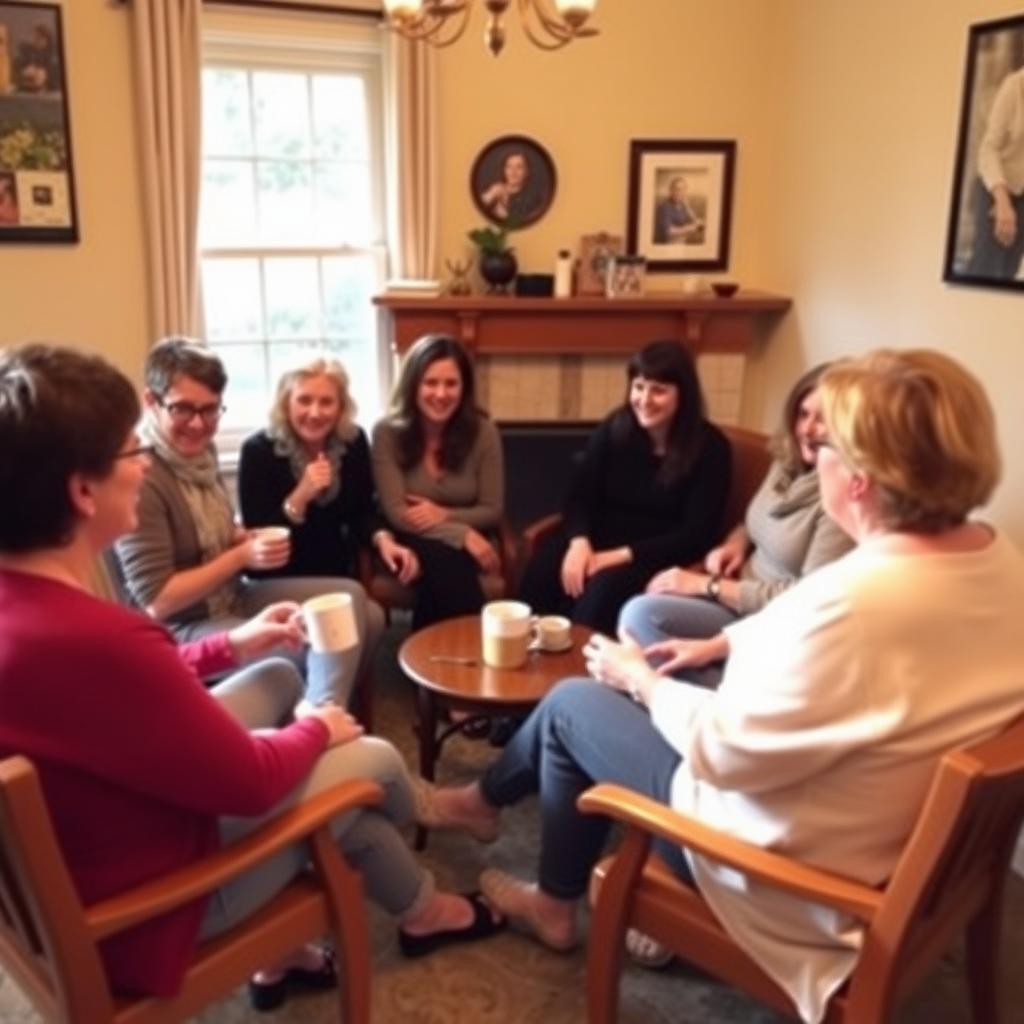 A support group discussing fertility experiences in a cozy setting.
