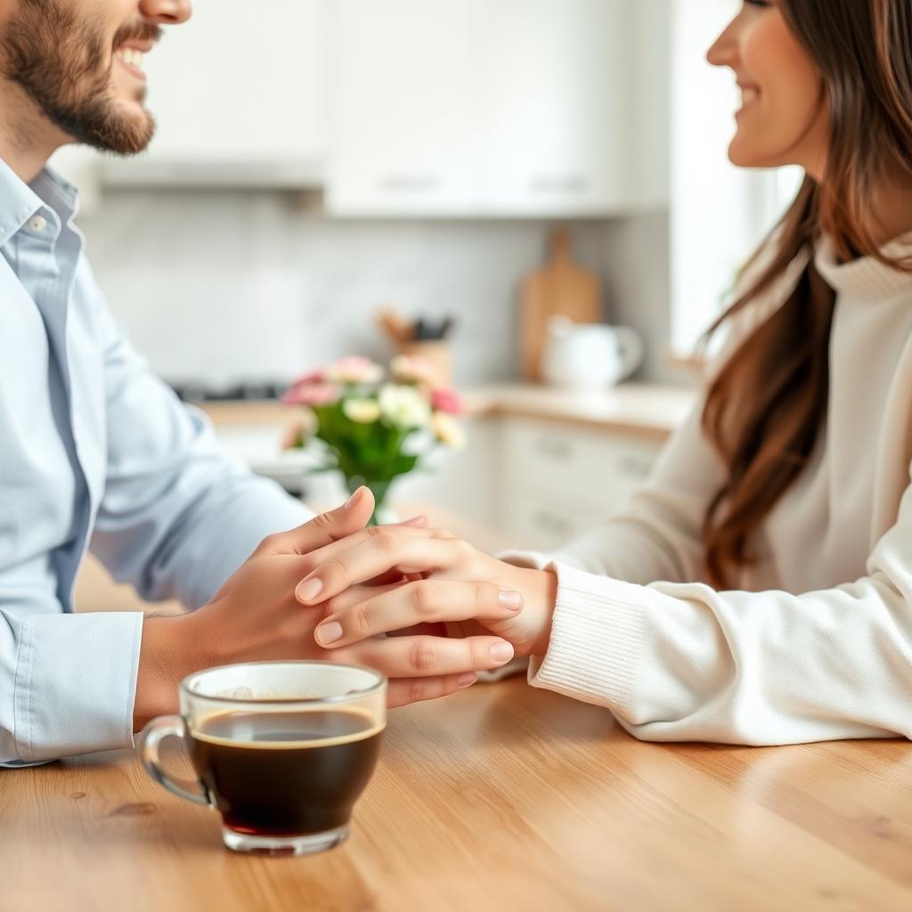 A couple shares a supportive moment, holding hands at a kitchen table with coffee and flowers.