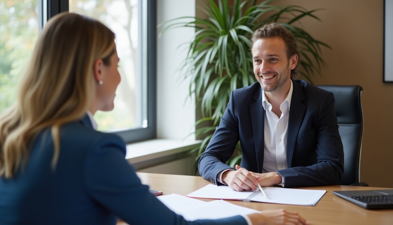 An insurance agent explaining coverage details to a client, with documents visible on the table.